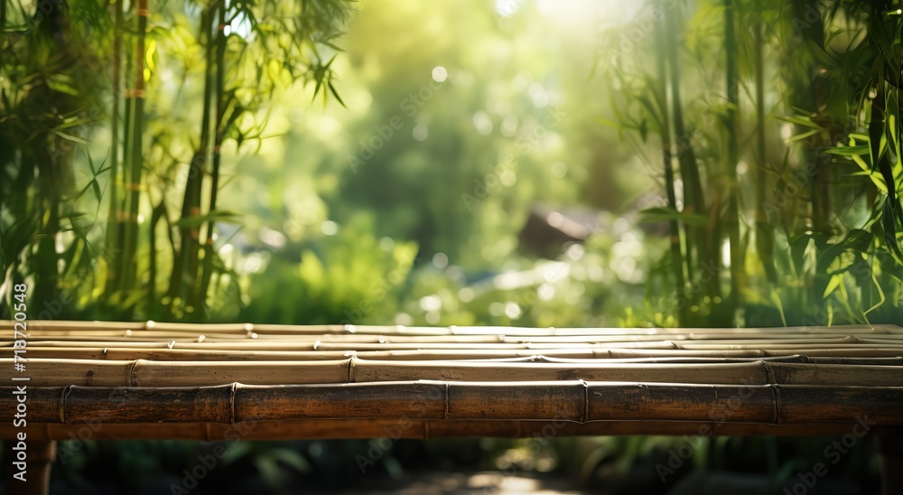 Fototapeta premium Empty Wooden Table with green bamboo forest background. generative Ai