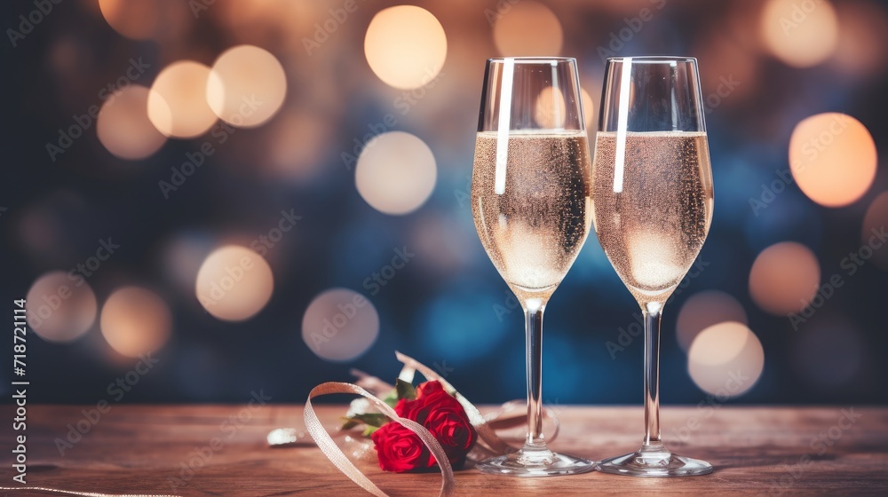 Valentines day background with champagne glasses and red roses Valentines day background with champagne glasses and red roses