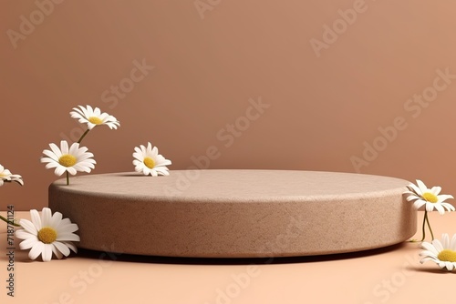 Stone podium  Cosmetic display stand with daisy blossom flowers on brown background. 3D rendering. Generative Ai