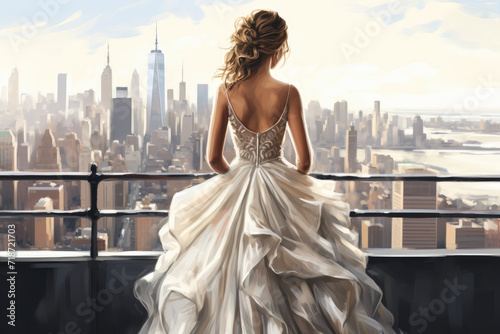  Illustration of a 24-year-old American bride in a modern dress, with a backdrop of the New York City skyline