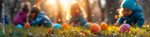 Colorful Easter eggs on grass with children in the background. Outdoor Easter egg hunt concept with copy space. Springtime holidays design for greeting card, postcard
 photo