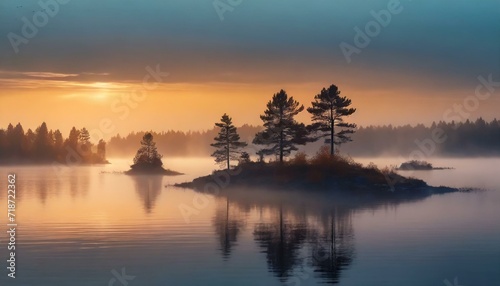Mglisty poranek nad jeziorem. Generative AI © mycatherina