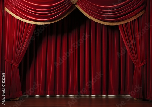 An empty stage decorated with red curtains. generative AI