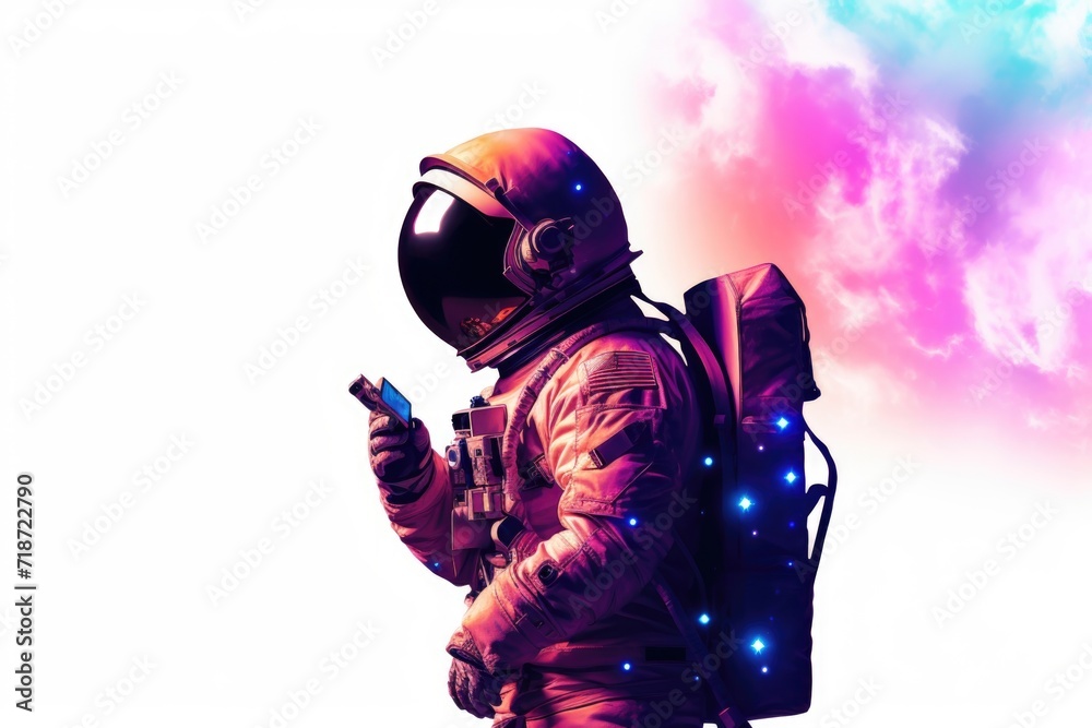 Ethnic male astronaut with smartphone in space.