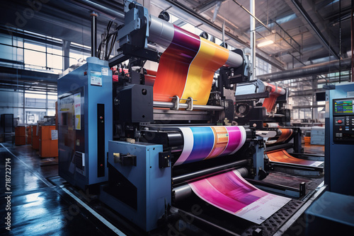 Vibrant offset printing press in action, with freshly inked paper rolling through the machine at night.