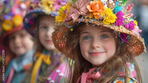 Young girl wearing a colorful floral hat at a spring event. Festive atmosphere and childhood innocence concept. Design for poster, seasonal event promotion
