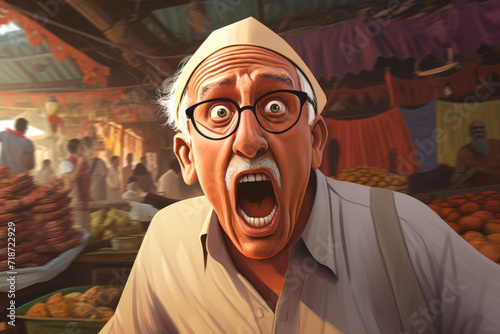 
Illustration of an old Indian man with a face twisted in repulsion reacting to a bad odor in an outdoor market photo
