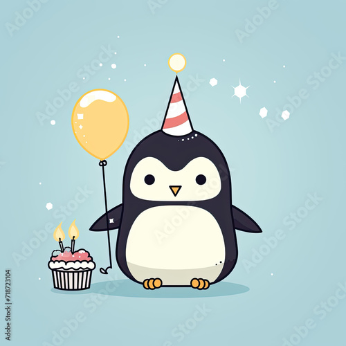 cute penguin happy birthday celebration with cake and balloons, isolated on blue background
