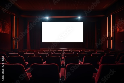 Cinema auditorium with white screen and red chairs lined up. generative AI