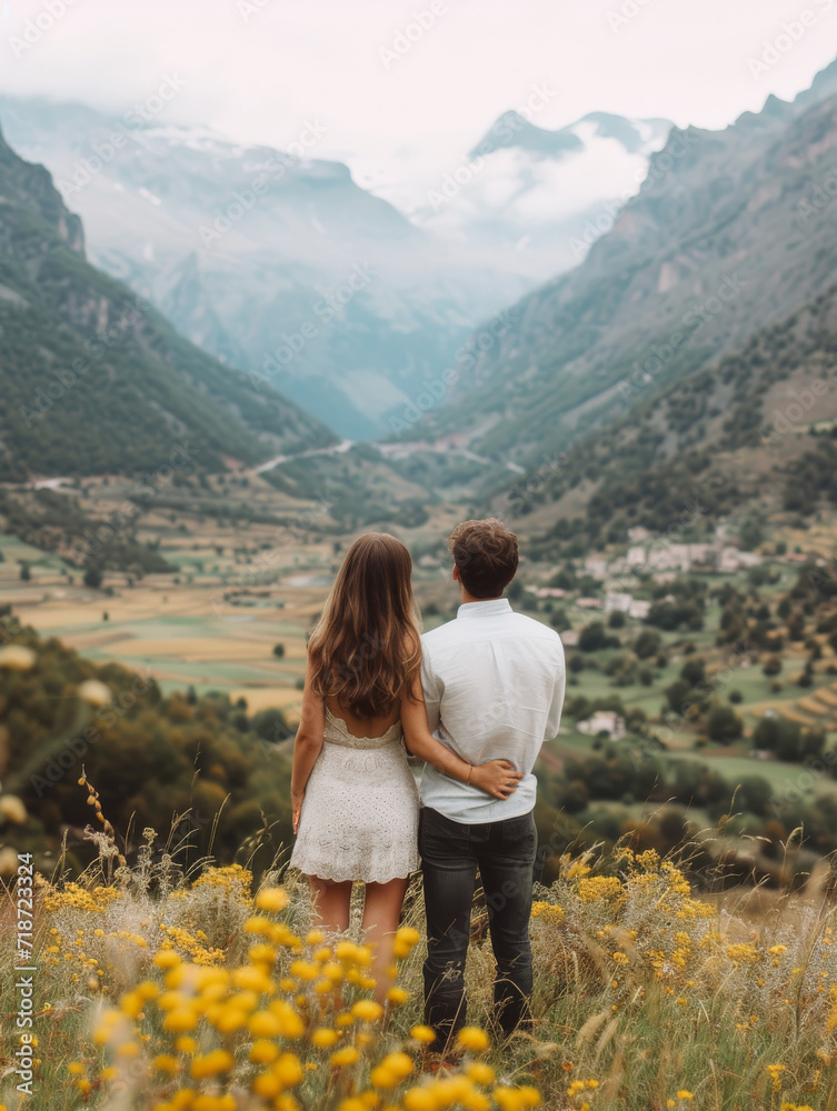 A couple standing on top of a hill overlooking valley beneath them.