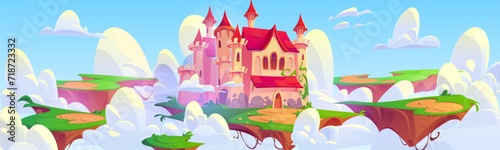 Magic ancient kingdom castle floating on ground platform in sky with clouds. Cartoon vector fantasy island with green grass and path to fairytale palace with gates and towers for game ui design.