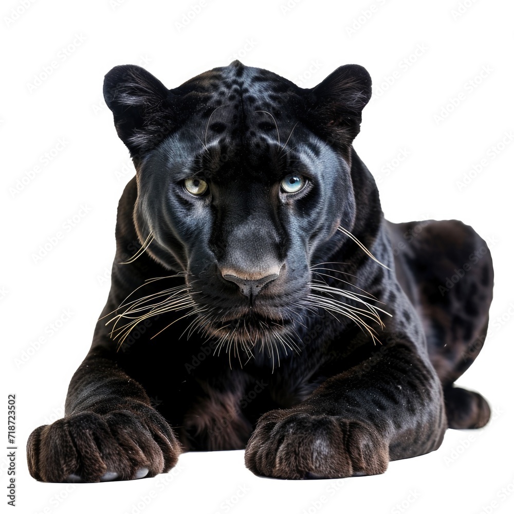 Black panther lying in natural pose isolated on white background, photo realistic