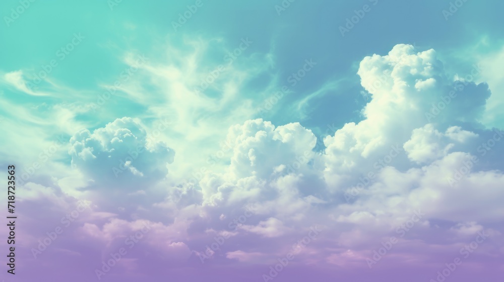 Beautiful sky on colorful gentle light day background. Sunny and fluffy clouds with fantasy tone, turquoise and purple color backdrop. Picturesque generative ai