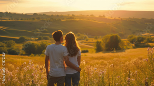 A couple standing on top of a hill overlooking valley beneath them during golden hour sunset.