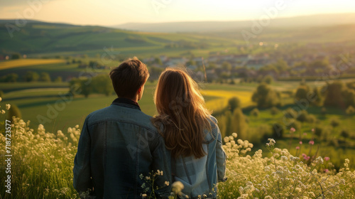 A couple sitting on top of a hill overlooking valley beneath them during golden hour sunset.
