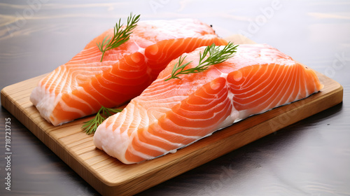 Red fish. Raw salmon fillet with dill isolate on wooden board on table