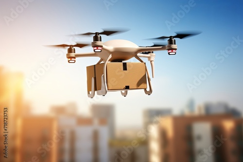 Robotic drone, hover technology, delivery logistics transport freight and package boxes. Unmanned aerial vehicles (UAVs) drone technology, logistics, transportation and package delivery systems.