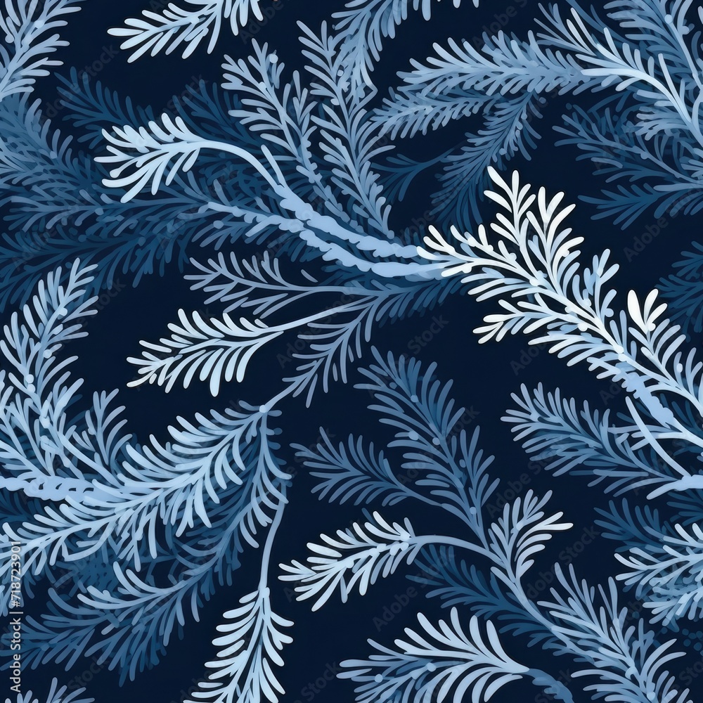 Seamless Blue and White Leaf Pattern on Black Background