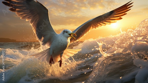 Seagull fishing in sea.. Generative AI photo