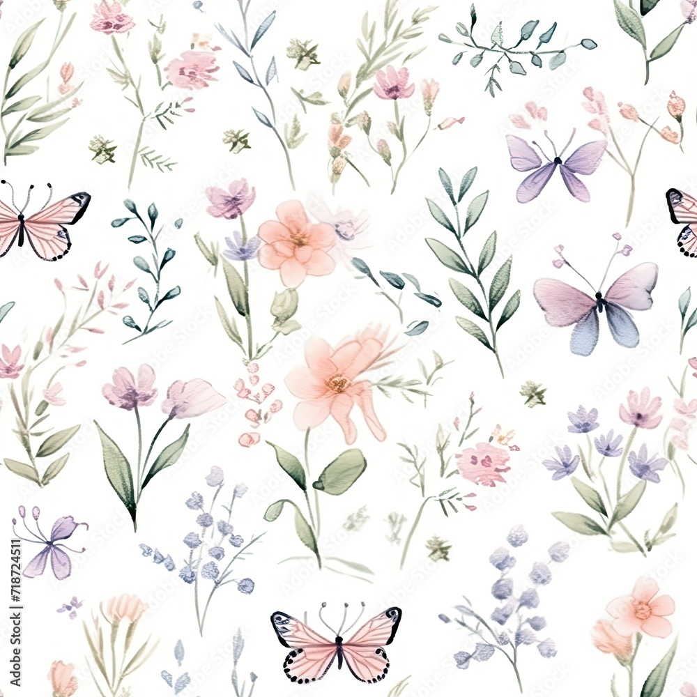 Pink and Purple Flowers and Butterflies on White Background