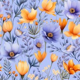 Vivid Flowers on Blue Background - Seamless Pattern With a Collection of Blooms