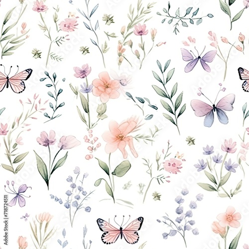 Pink and Purple Flowers and Butterflies on White Background