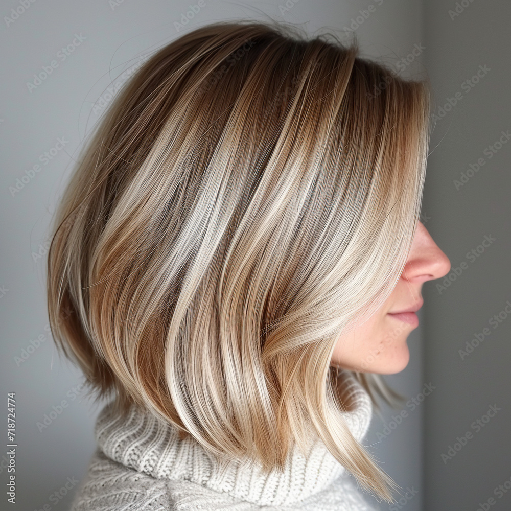 Rear view of short bob hair of girl with blonde ombre balayage haircolor	
