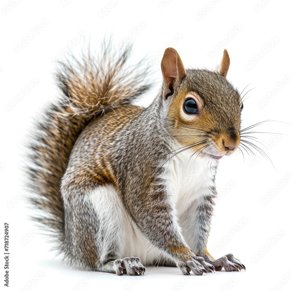 Eastern Gray Squirrel sitting in natural pose isolated on white background, photo realistic Eastern Gray Squirrel sitting in natural pose isolated on white background, photo realistic