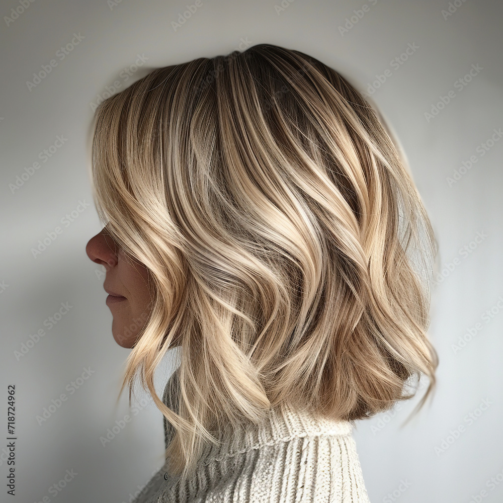 Naklejka premium Rear view of short bob hair of girl with blonde ombre balayage haircolor 