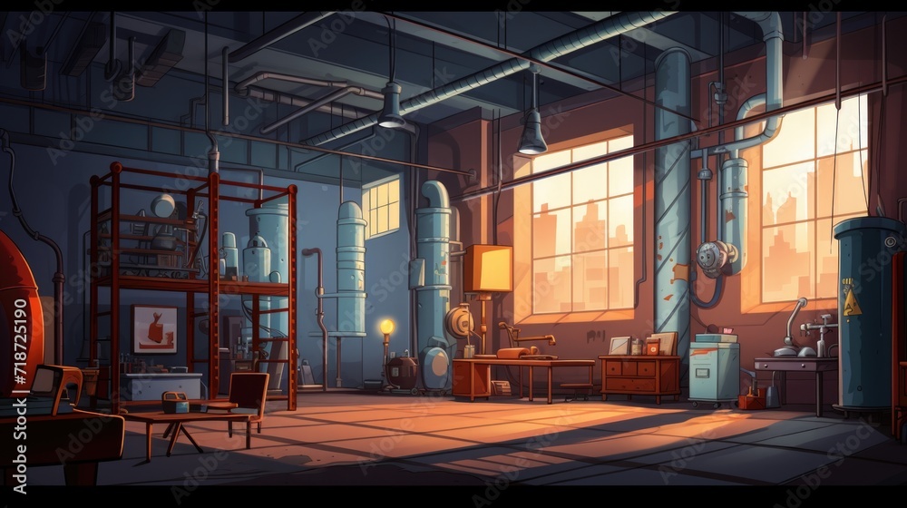 Industrial loft interior illustration in cartoon style. Bright colors, empty room scene for game background
