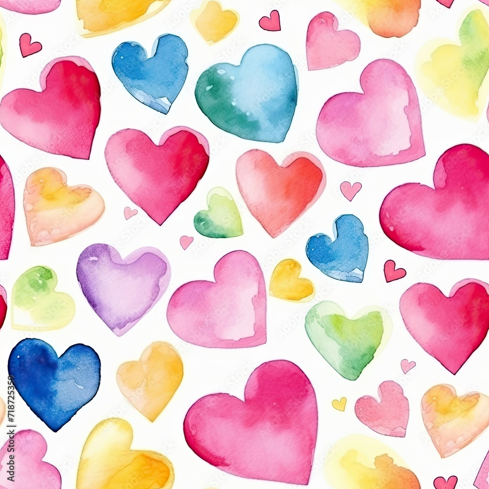 Watercolor Hearts on White Background Seamless Pattern, Love Theme Design