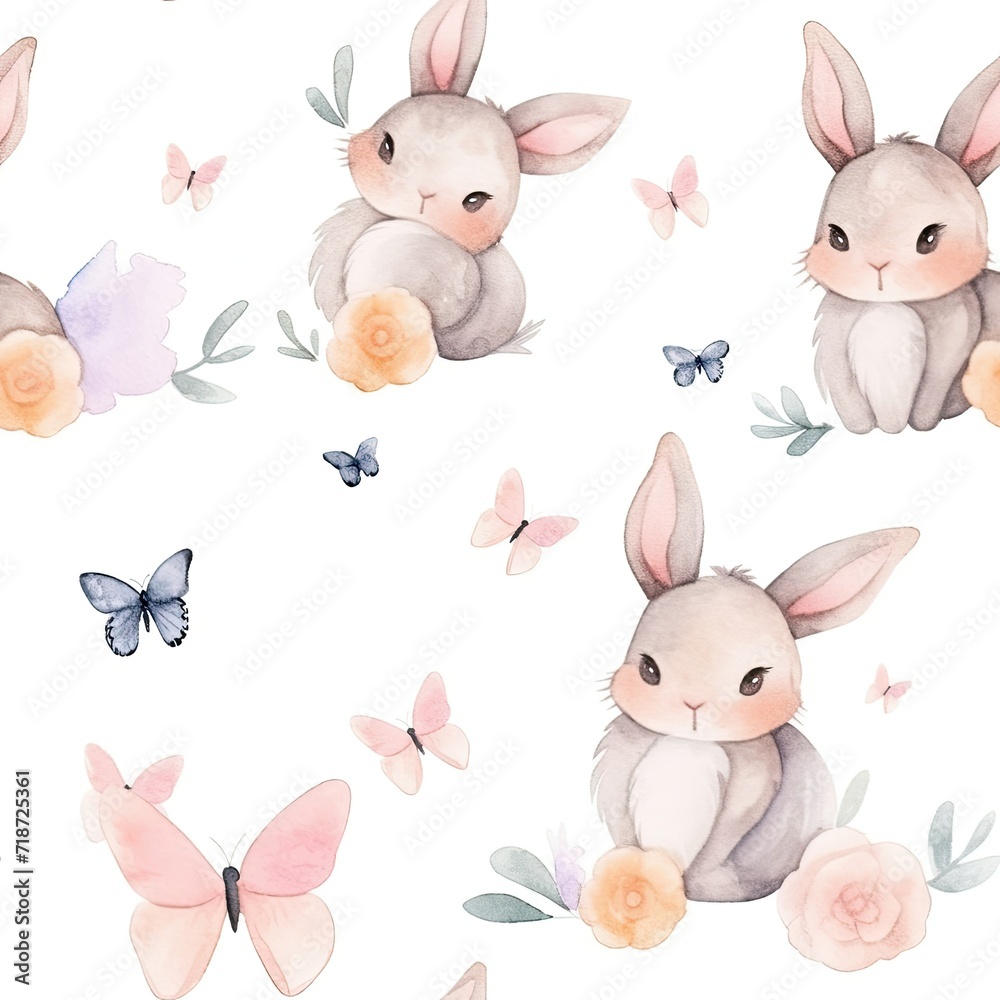 Watercolor Painting of Bunny and Butterflies Watercolor Painting of Bunny and Butterflies