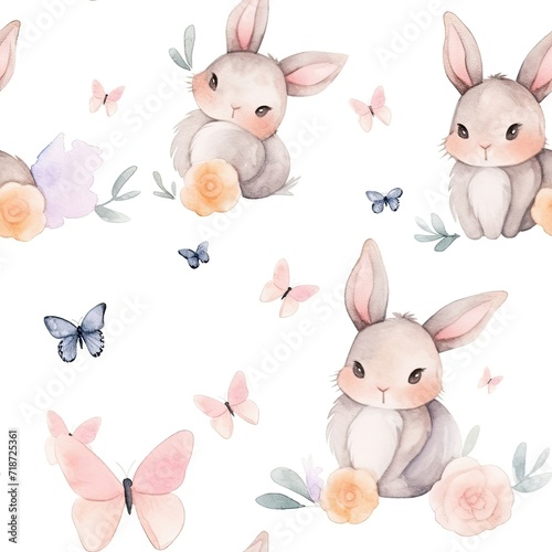 Watercolor Painting of Bunny and Butterflies