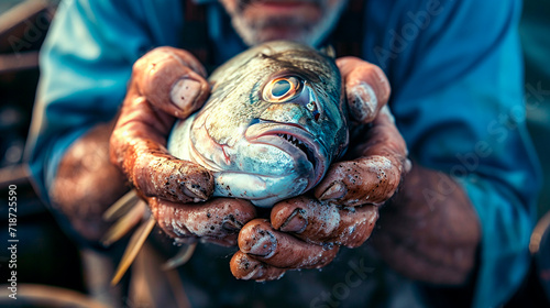 fisherman holds fish in his hands. Selective focus.