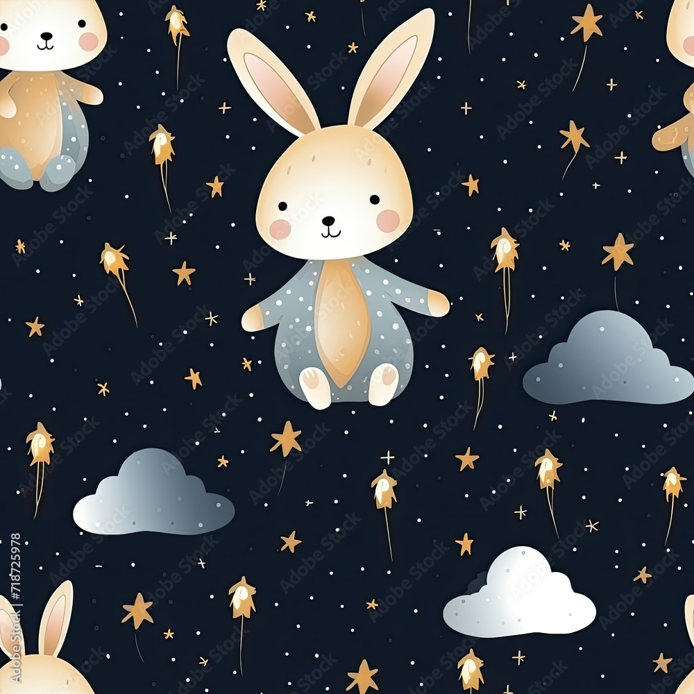 Rabbit Flying Through the Sky With Stars, Seamless Pattern