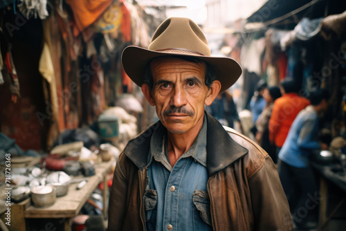 
Photograph of a middle-aged Mexican man, about 45 years old, standing amidst the crowded and chaotic streets of a Mexico City shantytown photo
