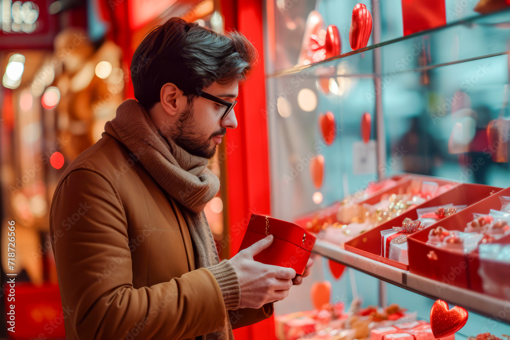 Valentine's Choice: Thoughtful Man Selecting a Love-Filled Gift