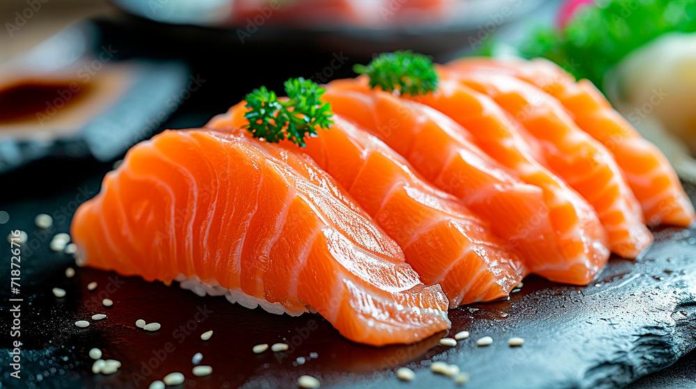 Red fish slices on a plate. Selective focus. Red fish slices on a plate. Selective focus.