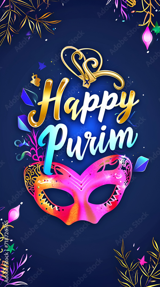 Postcard Happy Purim, Jewish holiday carnival fair background with carnival masks and traditional Jewish items, abstract background. Layout on a blue background.