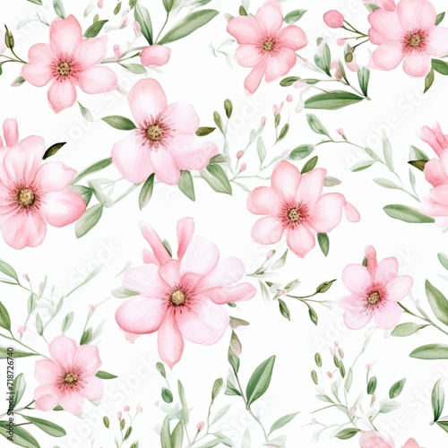 White Background With Pink Flowers and Green Leaves for Seamless Patterns © Piotr