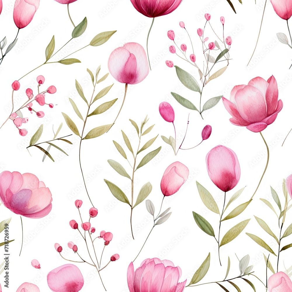 White Background With Pink Flowers and Green Leaves