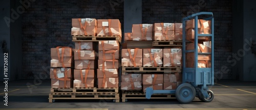 A stack of boxes on a pallet in a warehouse. Generative AI.