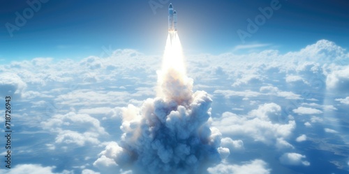 A rocket is flying into the sky with clouds. Generative AI.