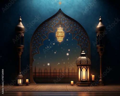 Ramadan Kareem greeting card with mosque and golden lantern. 3D rendering