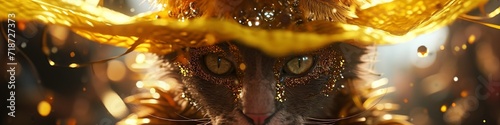 wicked cat in a yellow carnival hat with sequins and a feather n 8k photo