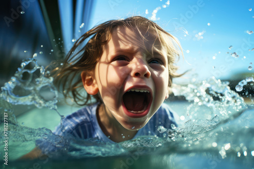 Photo of a child in fear and panic trying to swim out of the lake in which he is drowning