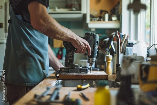A man engaged in carpentry work, performing home renovation and woodwork using a drill gun in the kitchen, showcasing hands-on skills and dedication to improvement generative ai