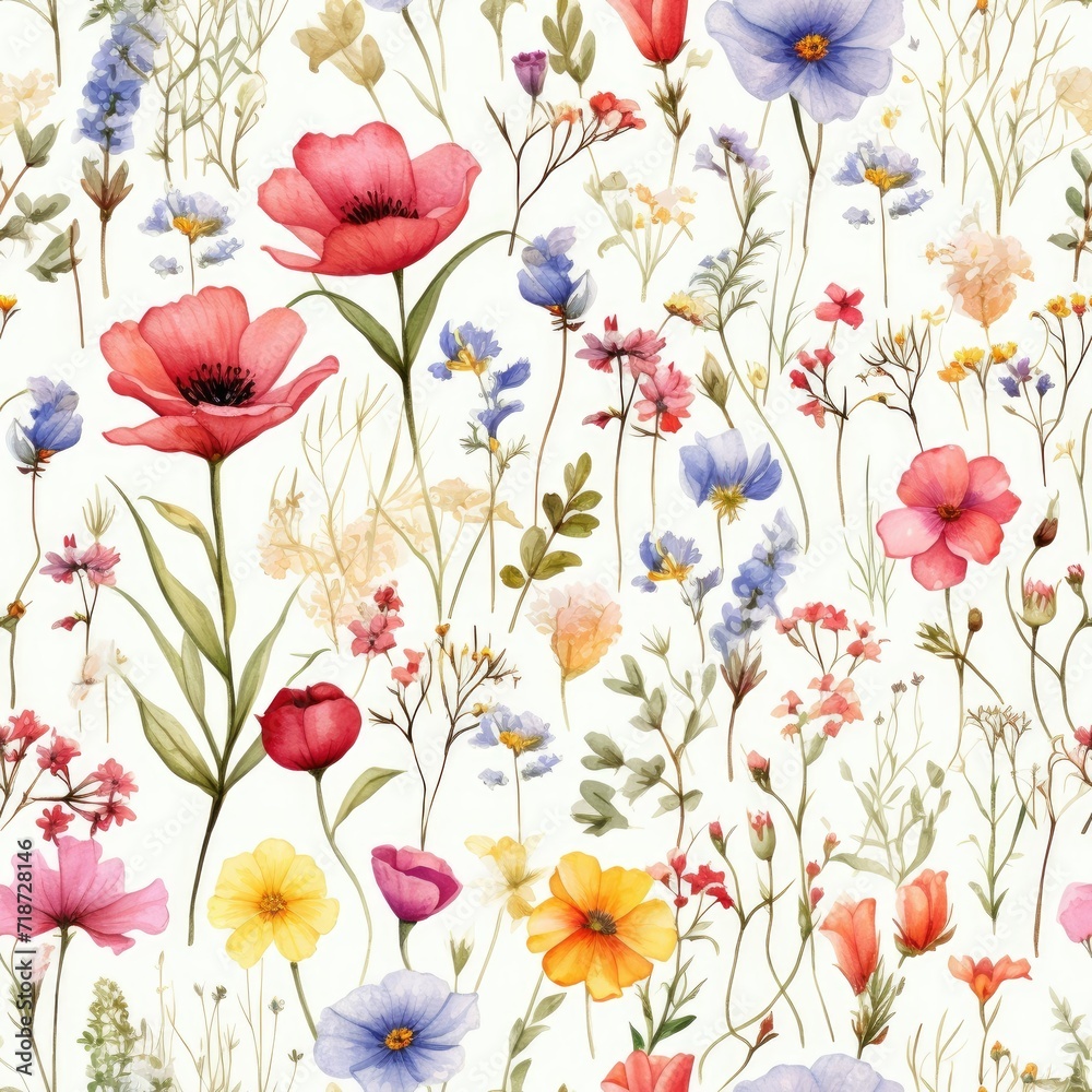 Seamless Pattern With Colorful Flowers on White Background