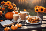 still life of a cup of hot latte and waffers and pumpkins on an old wooden table against the background of beautiful autumn nature at sunset, decoration for Halloween