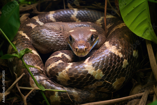  Python clutch of eggs in the dense jungle undergrowth, with the python mother coiled protectively around them